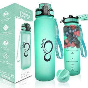Live Infinitely 34 oz BPA Free Water Bottle with Time Marker, Fruit Infuser Screen & Shaker Blending Ball - Locking Flip Top Lid & Durable Rubberized Bottle Coating (Mint, 34 Ounce)