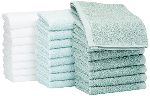 AmazonBasics Washcloth Face Towels, Pack of 24, Multi-Color: Seafoam Green, Ice Blue, White